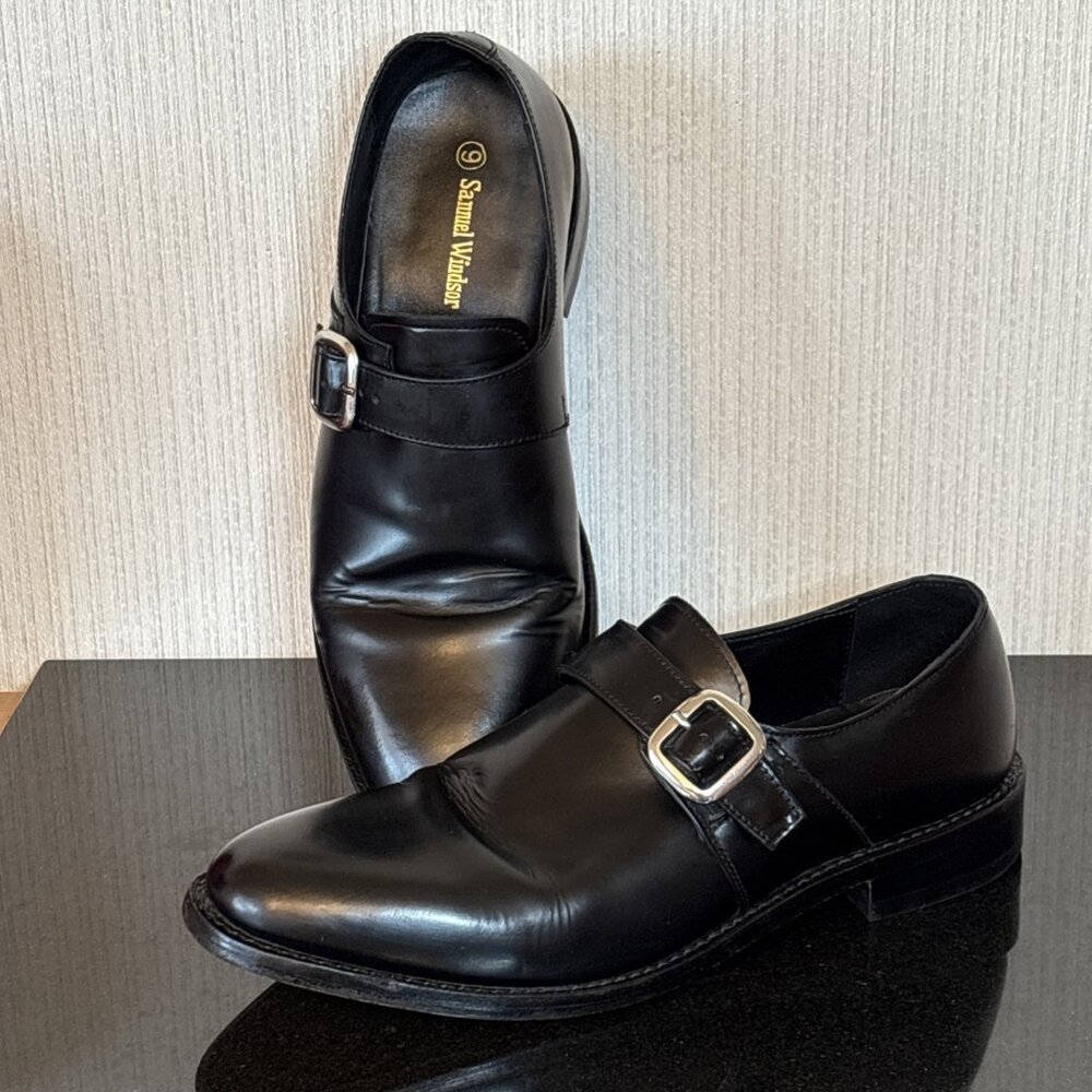 Samuel Windsor Dress Shoes Mens 9 Black Leather Double Monk Strap Buckled Brogue